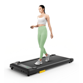 UREVO SpaceWalk E1L smart walking pad with a woman walking on it, compact design with UREVO logo