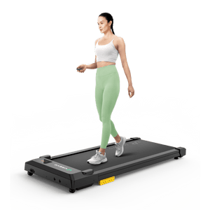 UREVO SpaceWalk E1L smart walking pad with a woman walking on it, compact design with UREVO logo