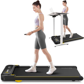 UREVO SpaceWalk E4 walking pad, woman using treadmill desk for fitness and work at home or in office.