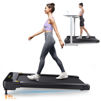 UREVO SpaceWalk 2 Walking Pad treadmill with woman walking, showing incline levels and LED display.