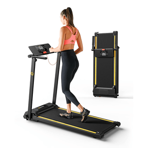 A woman using the UREVO Foldi Mini Treadmill, showcasing its compact and foldable design.