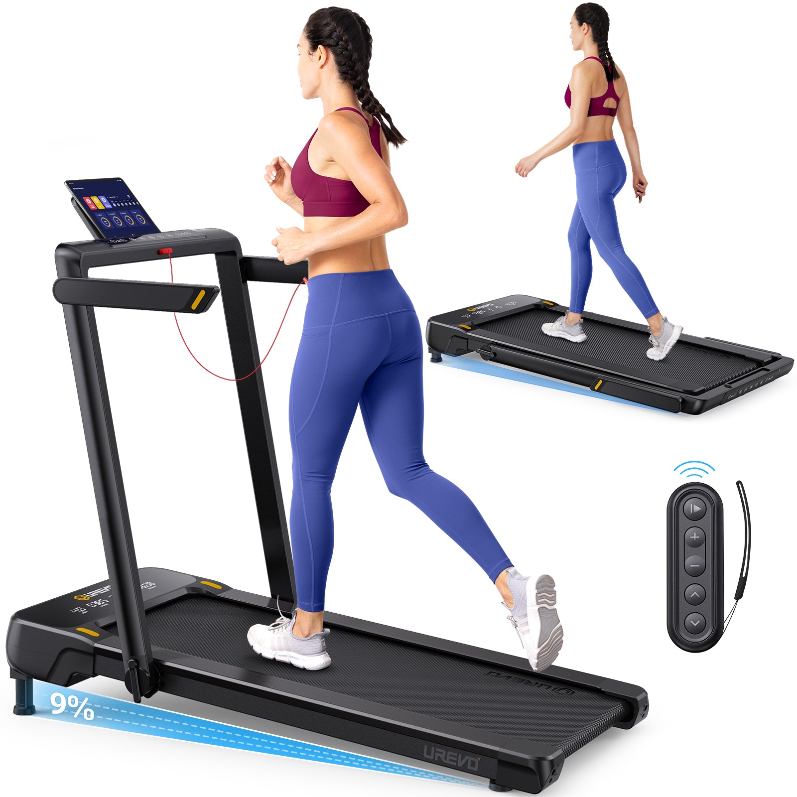 UREVO Strol 1 Pro treadmill, featuring a compact design with remote control for easy operation.